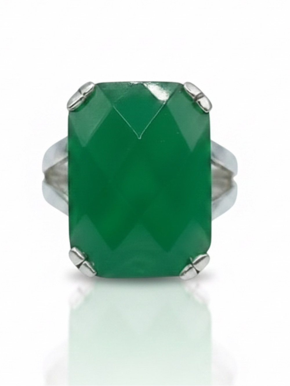 925 Sterling Silver Large Green Gemstone Ring, Detailed Undercarriage Size 6.25